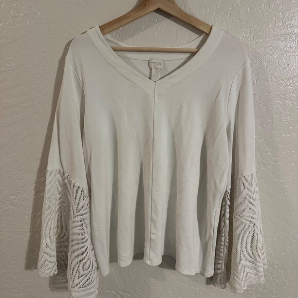 Chico’s Plus Size Ivory Knit Lace V Neck Trumpet Bell Sleeved Sweater Blouse - Picture 2 of 8